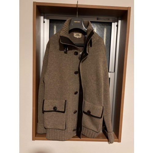 【美品】HERMES　エルメス　ウール×ヤック×レザーミックスニットブルゾン