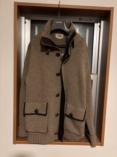 【美品】HERMES　エルメス　ウール×ヤック×レザーミックスニットブルゾン